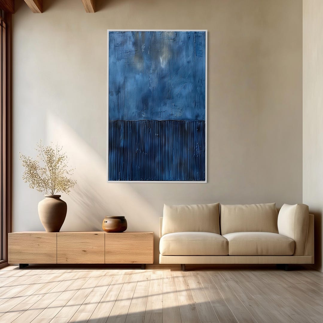 Large Blue Abstract Oil Painting Textured Minimalist Wall Art Navy ...