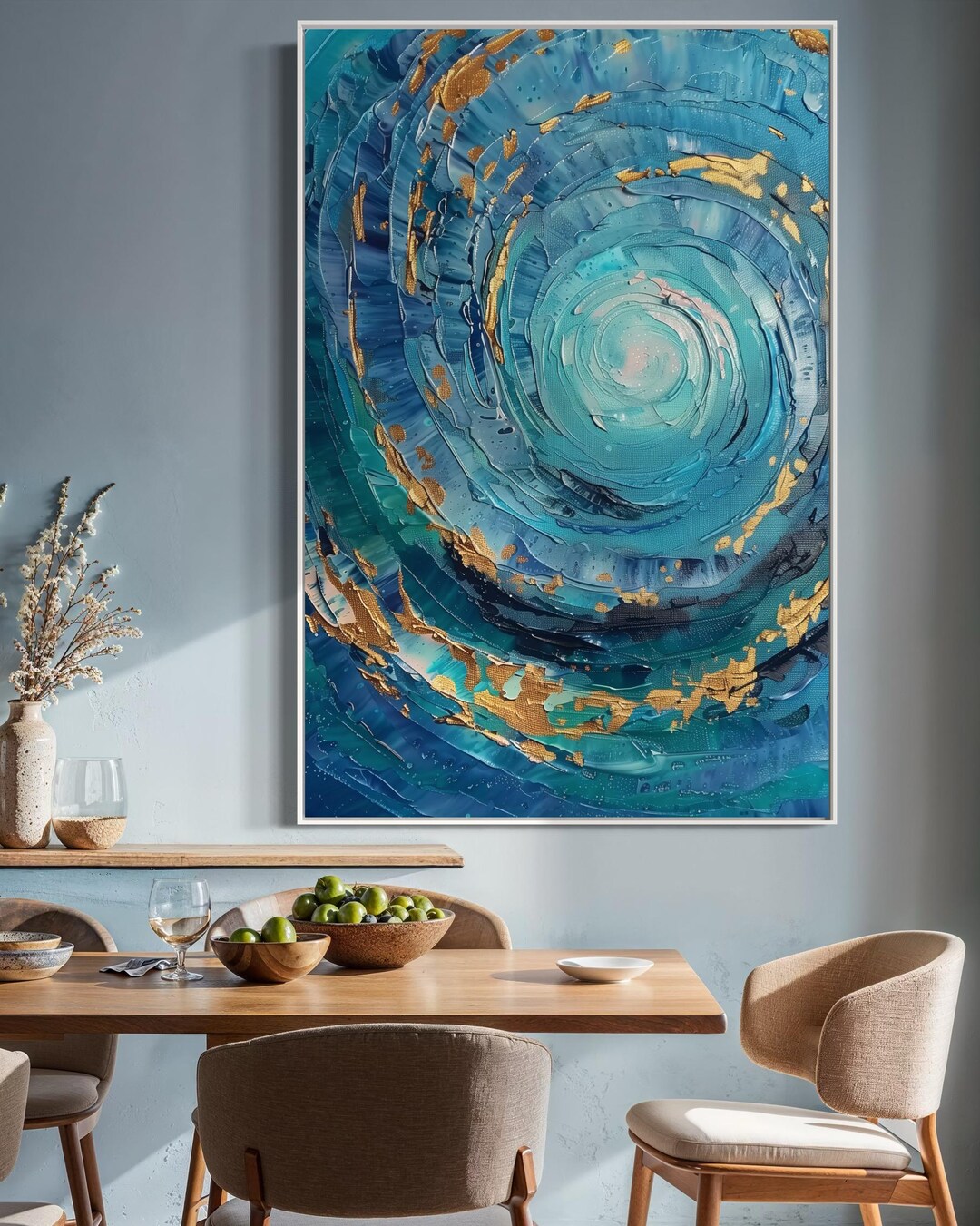 Blue Sea Abstract Oil Painting With Gold Textured Original Large Ocean ...