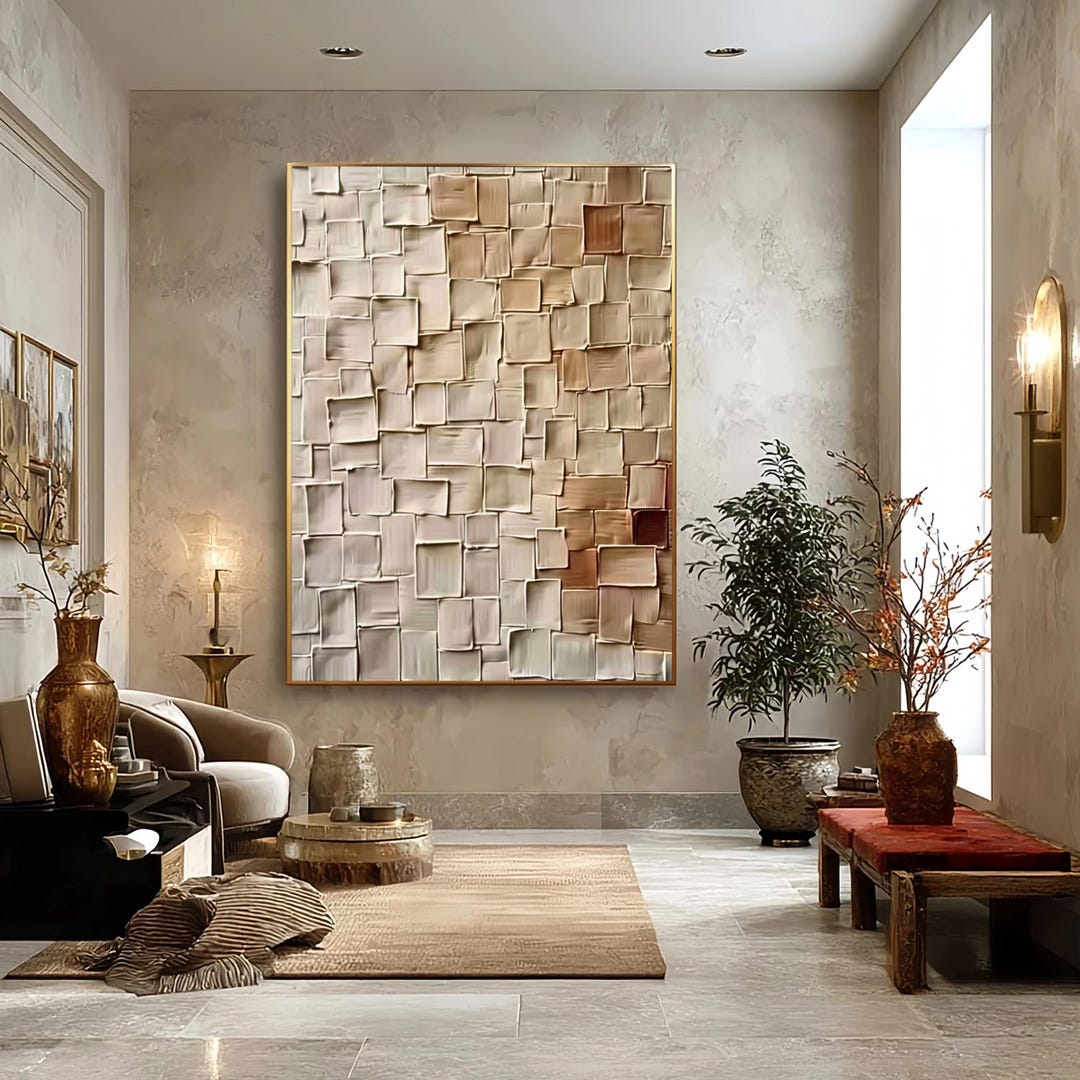 Large Neutral Textured Abstract Painting Geometric Square Canvas Art ...