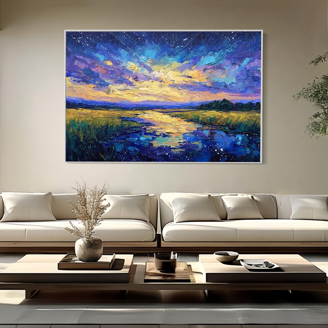 Colorful Abstract Landscape Oil Painting Impasto Sunset Sky River ...