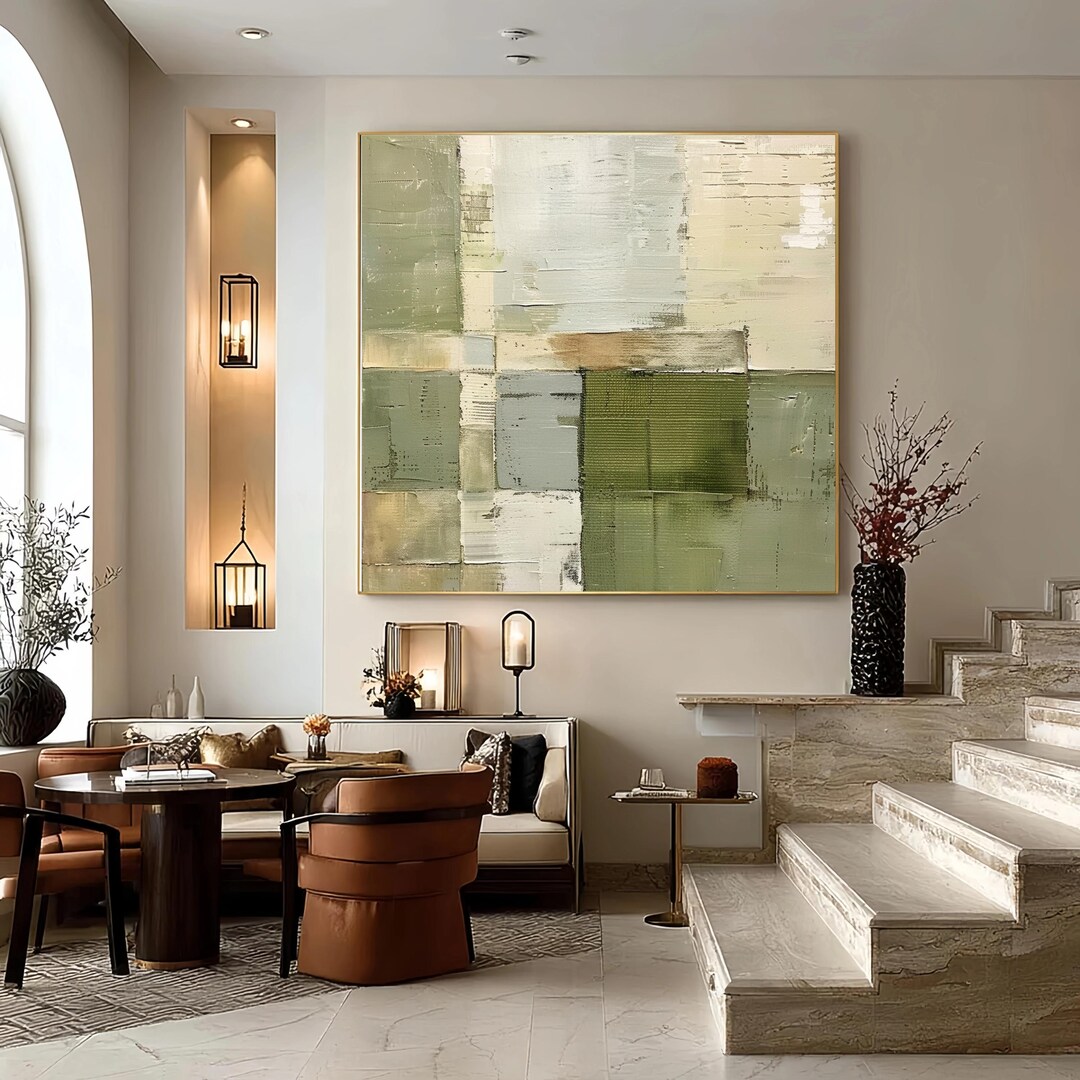 Green Abstract Canvas Art Textured Oil Painting Neutral Earth Tone Wall ...