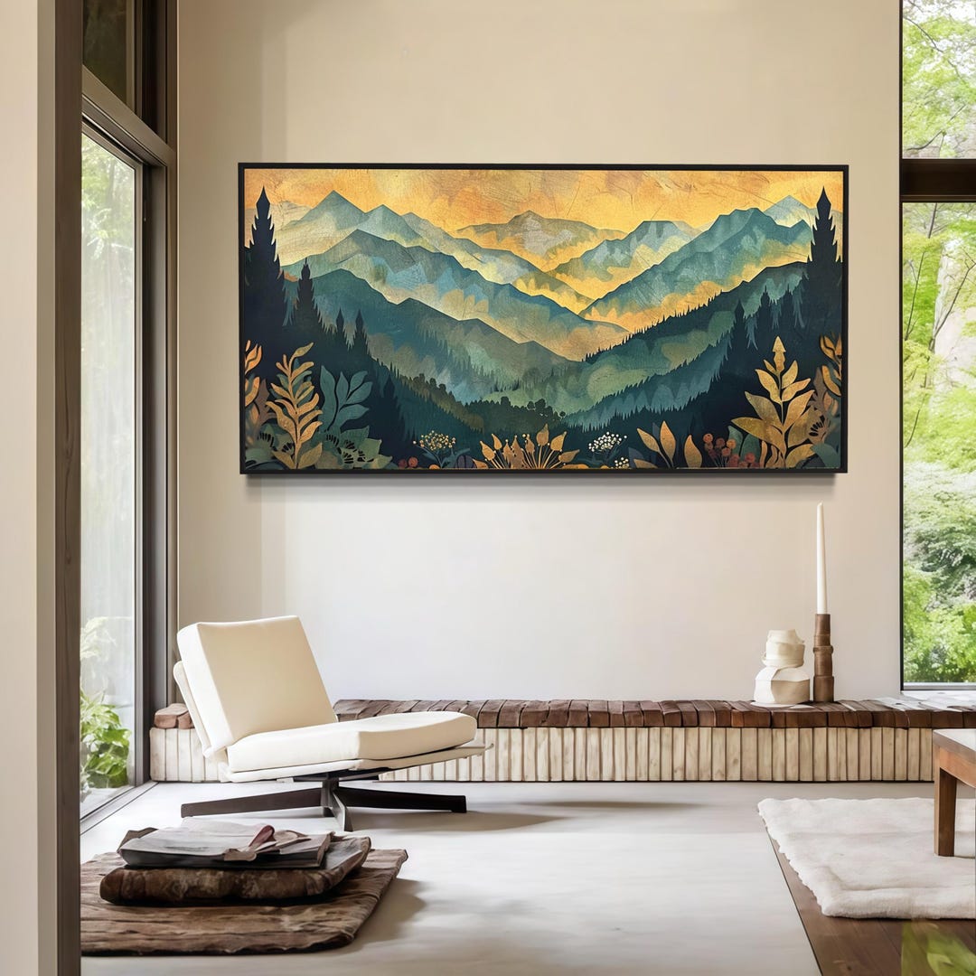 Panoramic Mountain Forest Wall Art Sunset Botanical Landscape Canvas ...
