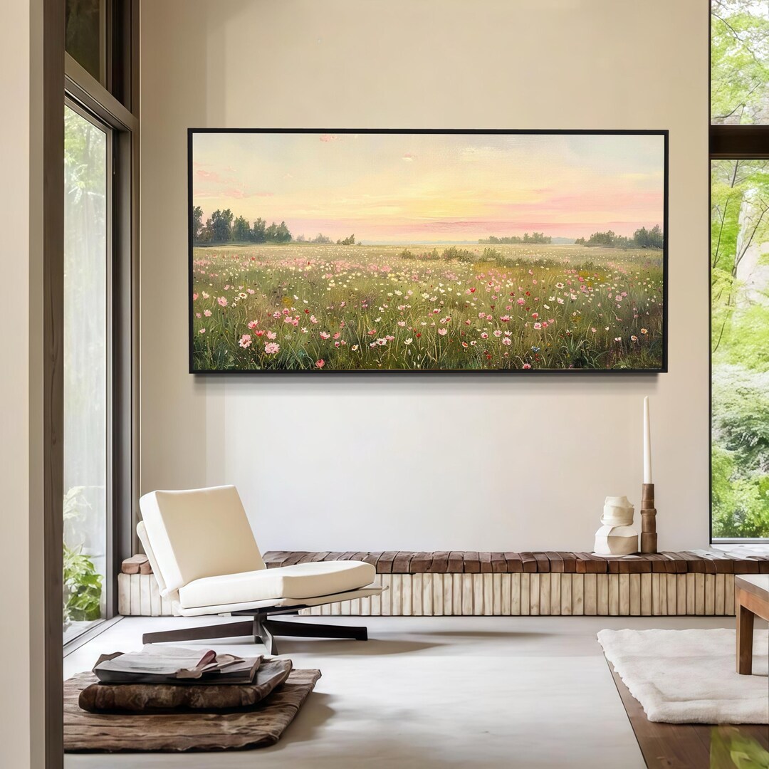 Large Floral Canvas Painting Wildflower Field Landscape Art Pink White ...