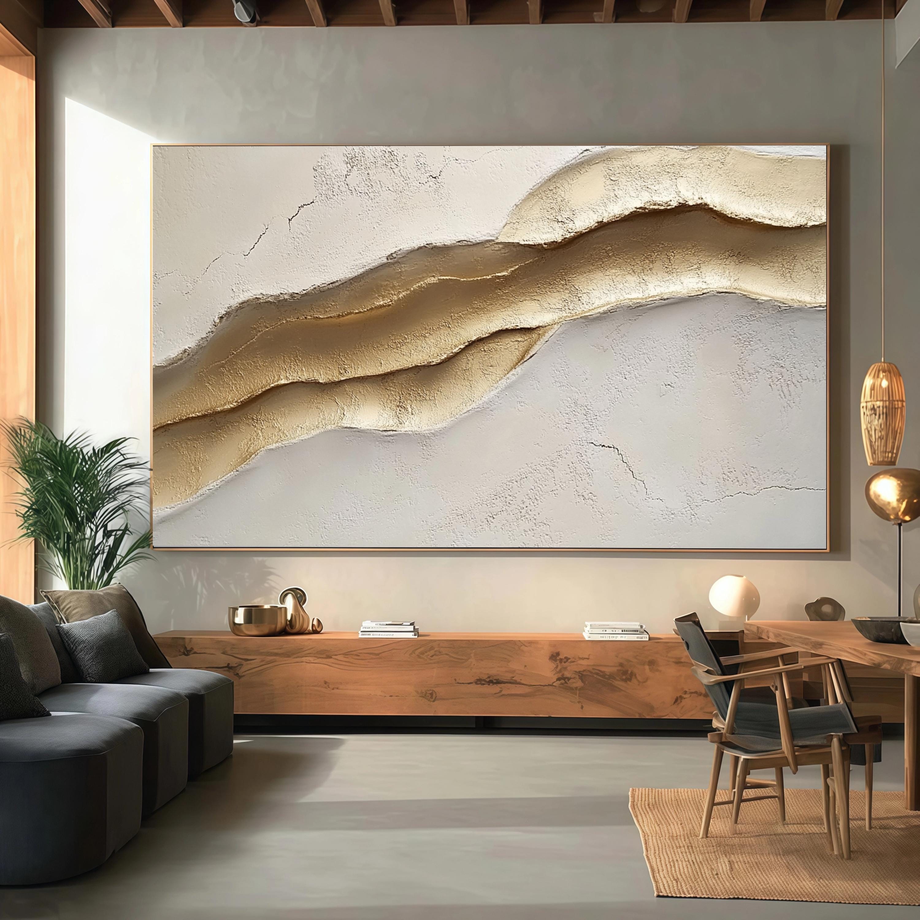 Large Beige Gold Textured Canvas Wall Art Abstract Minimalist Painting ...