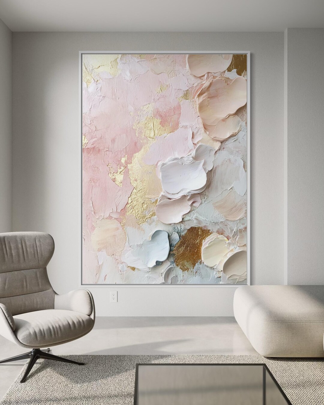 Floral Pink White Gold 3D Flowers Textured Abstract Hand Painted Oil ...