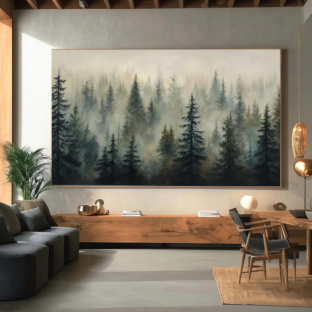 Forest Landscape Painting Misty Pine Trees Foggy Woodland Wall Art ...