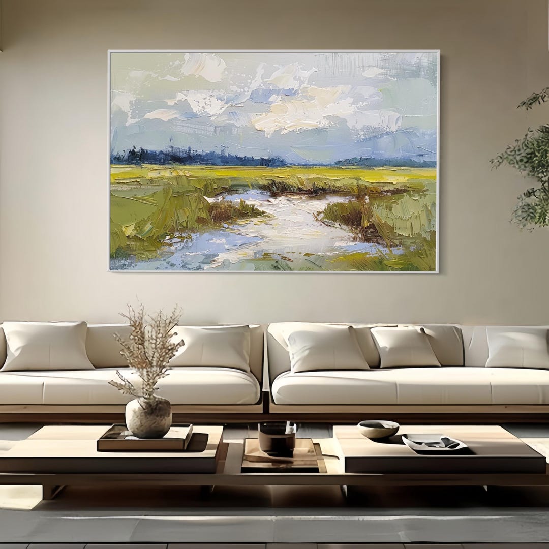 Green Meadow River Landscape Oil Painting Textured Impressionist Wall ...