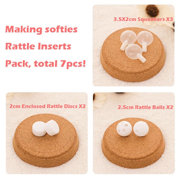 Rattle Inserts Pack of 7pcs, include 2 Small Rattle Balls, 2 Small Enclosed Rattle Discs and 3 Small Squeakers, DIY Toy Making