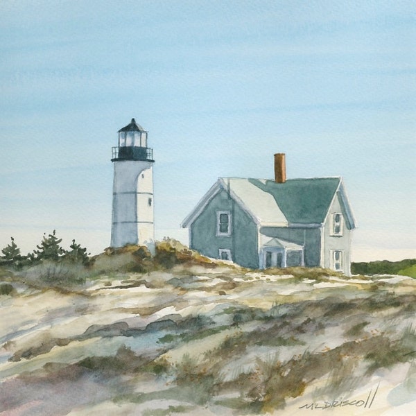 Original Watercolor " Sandy Neck Light"  Seascape Barnstable Harbor Cape Cod Matted Framed