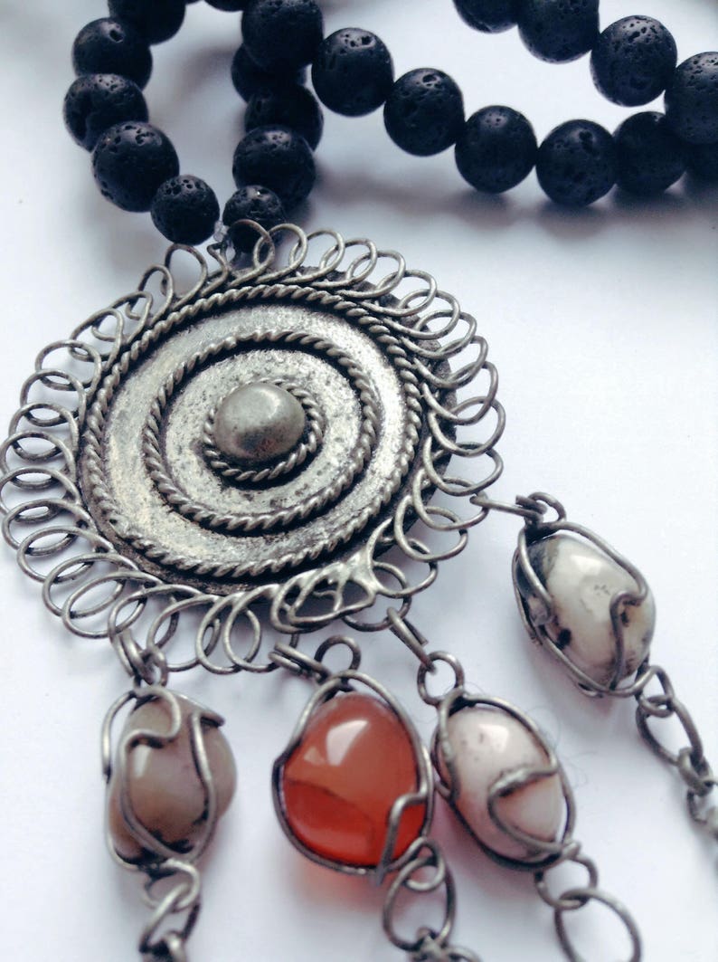lava stone Bohemia Hippie gypsy Tribal Tibetan silver ethnic vintage pendant Necklace boho ottoman pendant