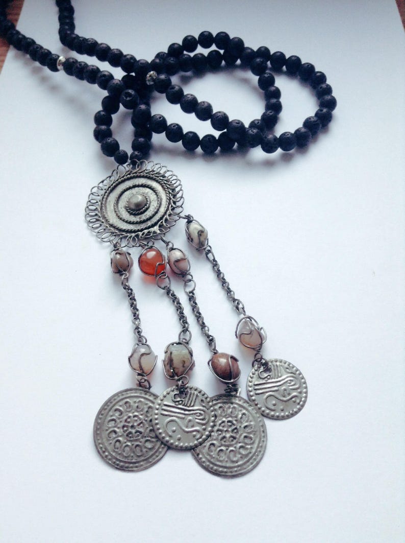 lava stone Bohemia Hippie gypsy Tribal Tibetan silver ethnic vintage pendant Necklace boho ottoman pendant