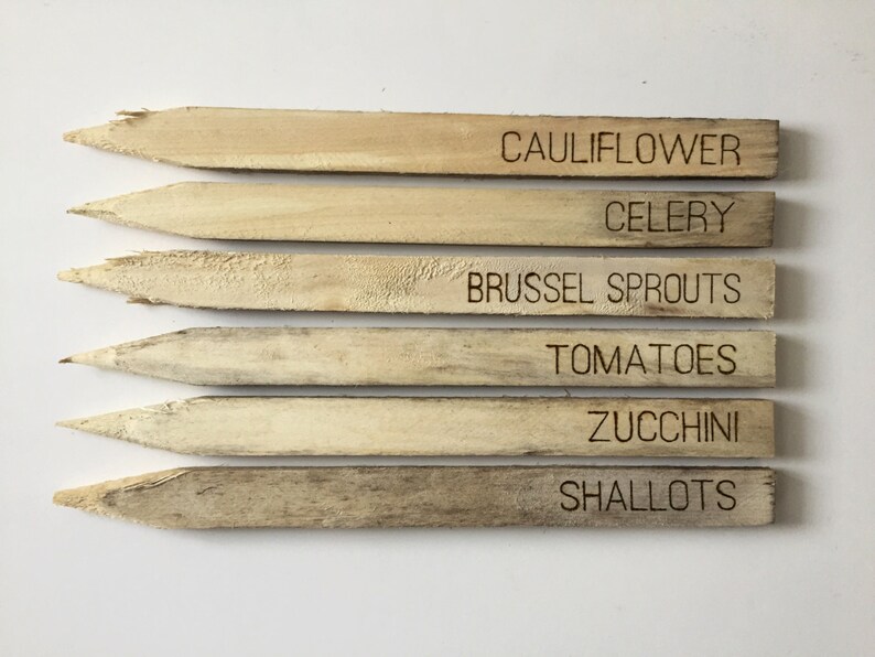 Large Custom Wood Burned Wooden Garden Stakes Set Of Six 6 Etsy