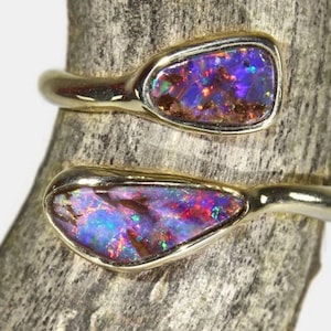 Australian boulder opal ring 14k 585 white gold unrhodium plated double ring whitegold ring multicolor ring unique goldsmiths work art ring