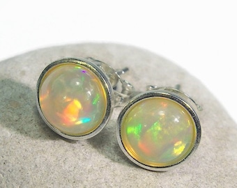 Stylish colorful opal stud earrings Ethiopian welo opal natural opal 925 sterling silver yellow green colorful rainbow jewelry minimalistic