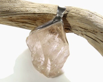 Yellow topaz raw stone pendant made of 925 silver, a unique Russian crystal piece.