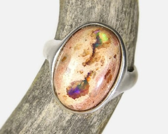 Ring with fire opal cantera opal matrix opal sterling silver gemstone Mexico goldsmith art unisex jewelry spiritual healing stone fear love