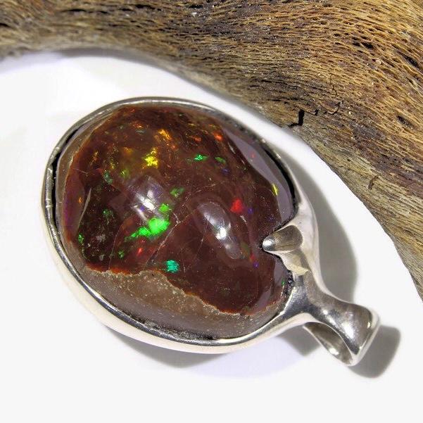 Pendant with welo opal sterling silver setting African opal jewelry multicolor large opal nut from Mezezo Ethiopia gift unisex colorful red
