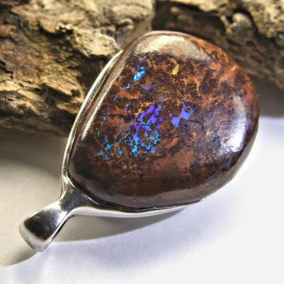 Pendentif En Opale Boulder Australienne - Monture Acier Inoxydable, Forme Double Cœur, Naturel Non Traité