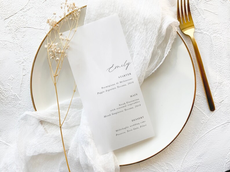 Vellum Wedding Menu and Name Card // Wedding // Vellum Menu // Etsy