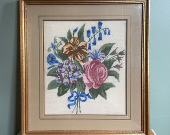 Beautiful framed floral needlepoint tapestry picture