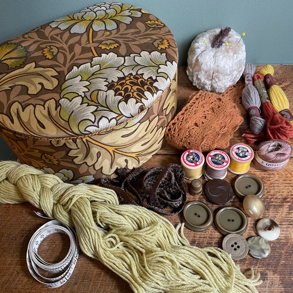 Beautiful vintage sewing box and haberdashery contents - fabric, cottons, threads, trimmings buttons, thimble, pin cushion, measure
