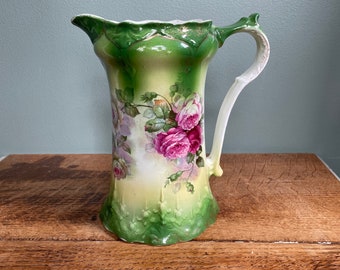 Pretty vintage green & pink rose floral ceramic  jug