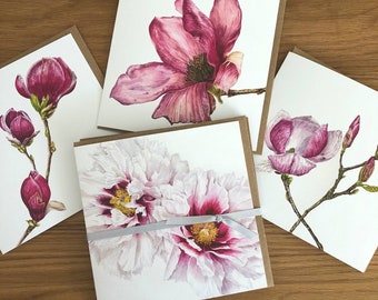 Pink Floral Watercolour Botanical Artist Cards Gift Pack of Four with Poppies Fabulous Dahlia and Tulips