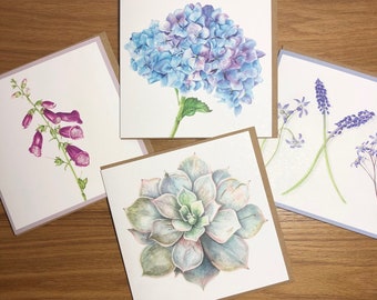 Pink Floral Watercolour Botanical Artist Cards Gift Pack of Four with Poppies Fabulous Dahlia and Tulips