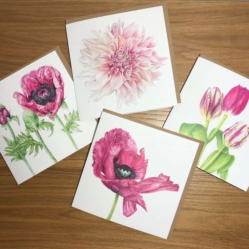 Pink Floral Watercolour Botanical Artist Cards Gift Pack of Four with Poppies Fabulous Dahlia and Tulips