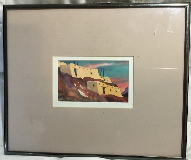 Ted Abbott Winters Pueblo Homes Watercolor Signed 1988