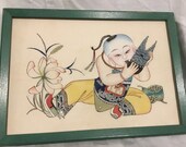 Asian Male Playing Pan Pipe Bamboo Flute Painting, Vintage
