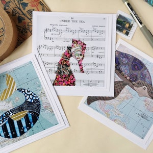 Three sea animal themed any occasion cards blank inside for your own message whale, seahorse and turtle 画像 10