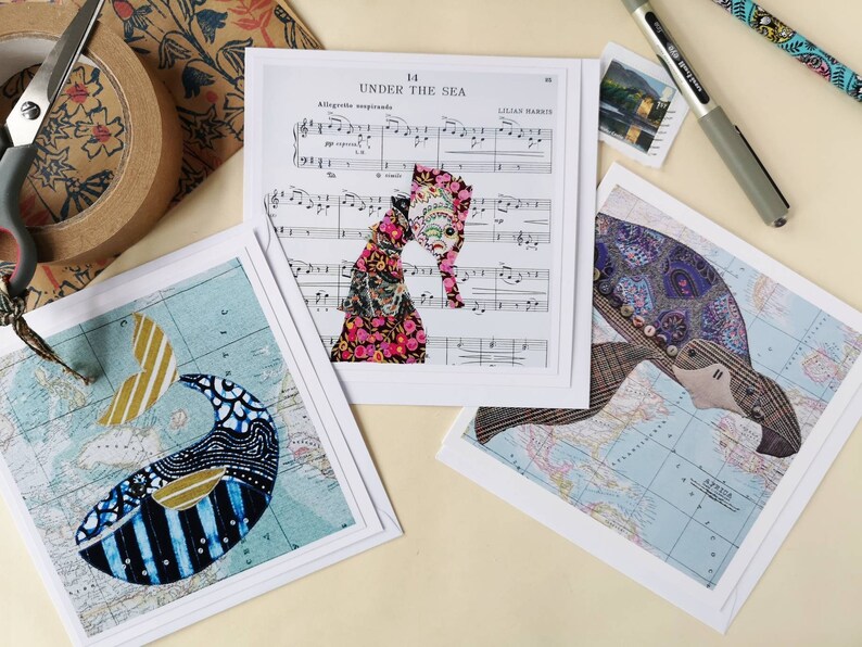 Three sea animal themed any occasion cards blank inside for your own message whale, seahorse and turtle 画像 10
