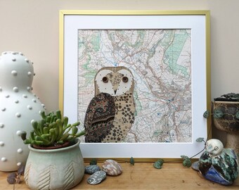 The Matlock Owl - a mixed media collage made using a vintage map and recycled fabrics