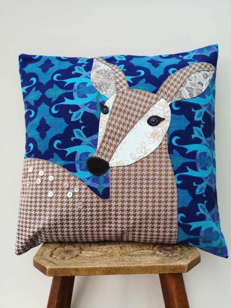 Bambi cushion cover made using appliqué with vintage fabrics image 3