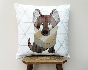 Corgi dog cushion cover - handmade using appliqué with a variety of fabrics.