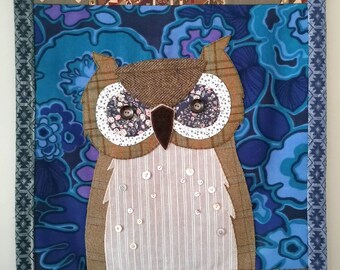 Owl wall hanging, made using appliqué with vintage and recycled fabric