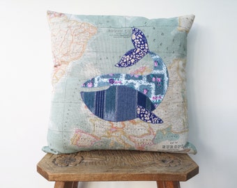 Small Whale cushion cover (35cm square), made with appliqué, one of a kind