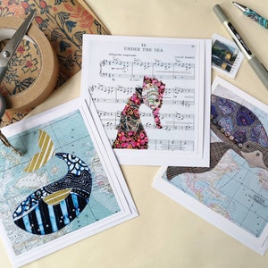 Three sea animal themed any occasion cards blank inside for your own message whale, seahorse and turtle 画像 1