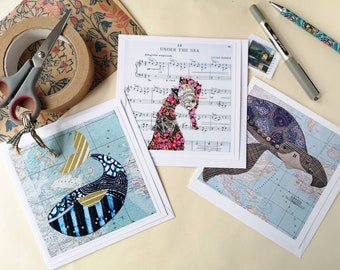 Three sea animal themed any occasion cards - blank inside for your own message - whale, seahorse and turtle