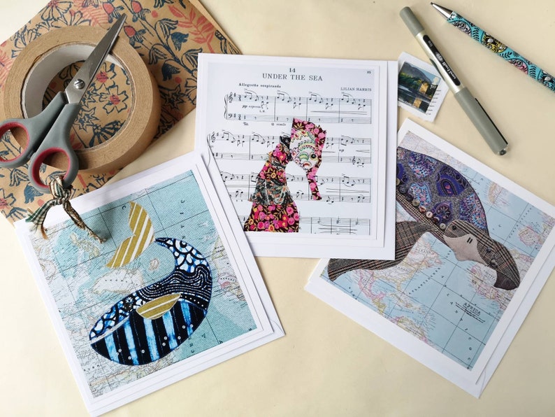 Three sea animal themed any occasion cards blank inside for your own message whale, seahorse and turtle 画像 1