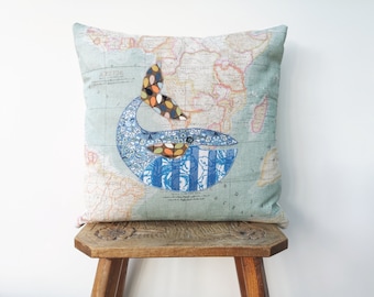 Small Whale cushion cover (35cm square), made with appliqué, one of a kind