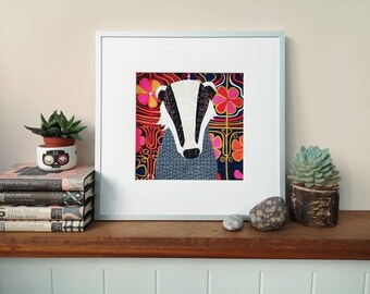 Quirky Psychedelic Badger Art print 20cm square