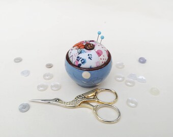 Pin cushion made in a vintage eggcup, blue and white spotty Devonware, sustainable gift, upcycled egg cup pin cushion