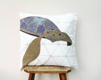 Turtle cushion cover, handmade appliqué cushion, sustainable gift made with recycled fabric