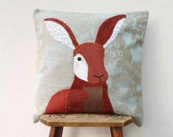 Appliqué hare cushion cover - handmade using vintage fabric, sustainably made