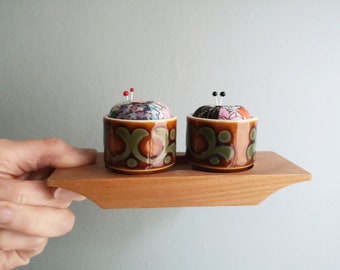 Eggcup pin cushions made using upcycled Hornsea Bronte eggcups from 1974, perfect 50th birthday present