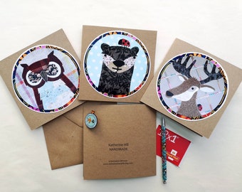 Cute animal cards,  animal birthday cards, otter card, owl card, woodland animal cards, three pack