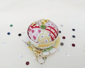 Pin cushion made in an upcycled vintage sugar bowl, mid century geometric design, lovely sustainable gift for sewers