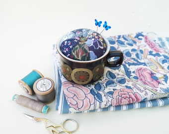 Pin cushion made in a re-purposed Denby Arabesque tea cup - blue version